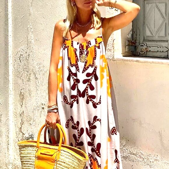 BROWN ORANGE AND PALE PINK LOOSE WHITE FLORAL HALTER BACK LACE MAXI DRESS - Picture 1 of 3